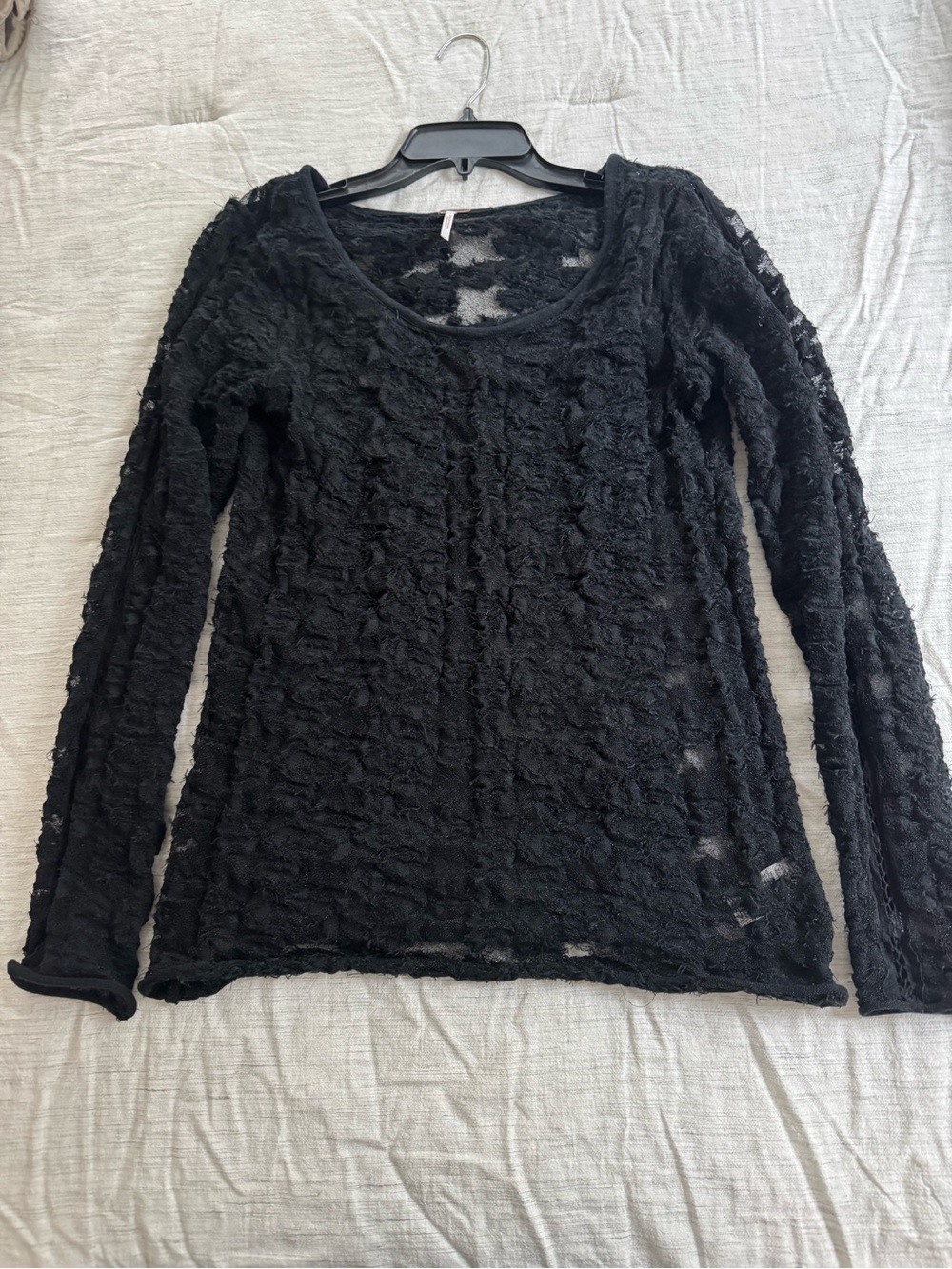 Free People Black Sheer Textured Long Sleeve Scoop Neck Top